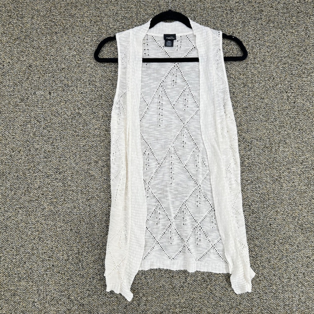 rue21 Diamond Pointelle Knit Sleeveless Open Front Cardigan Vest White S